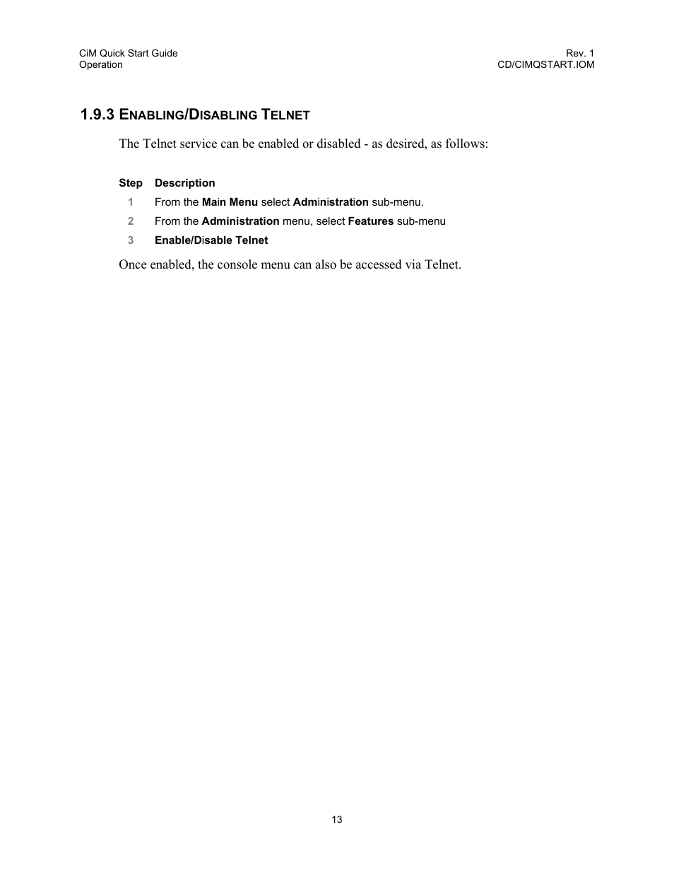 Enabling/disabling telnet, 3 enabling/disabling telnet | Comtech EF Data CiM Quick-Start Guide User Manual | Page 23 / 26