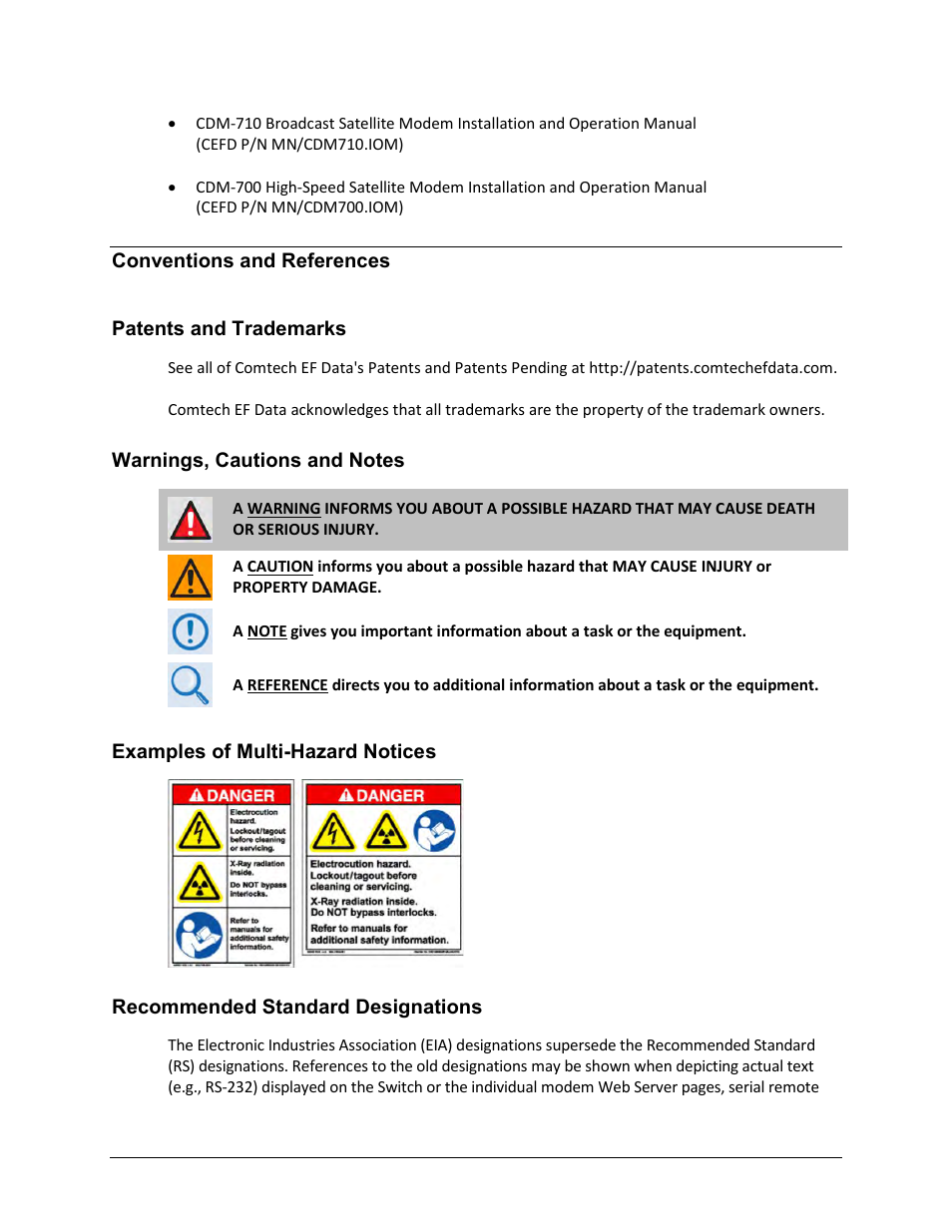 Conventions and references, Patents and trademarks, Warnings, cautions and notes | Examples of multi-hazard notices, Recommended standard designations | Comtech EF Data CDS-100 User Manual | Page 14 / 138