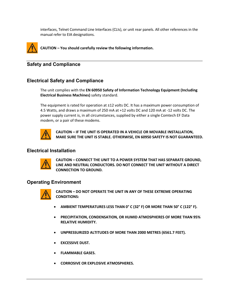 Safety and compliance, Electrical safety and compliance, Electrical installation | Operating environment | Comtech EF Data CDS-100 User Manual | Page 15 / 138