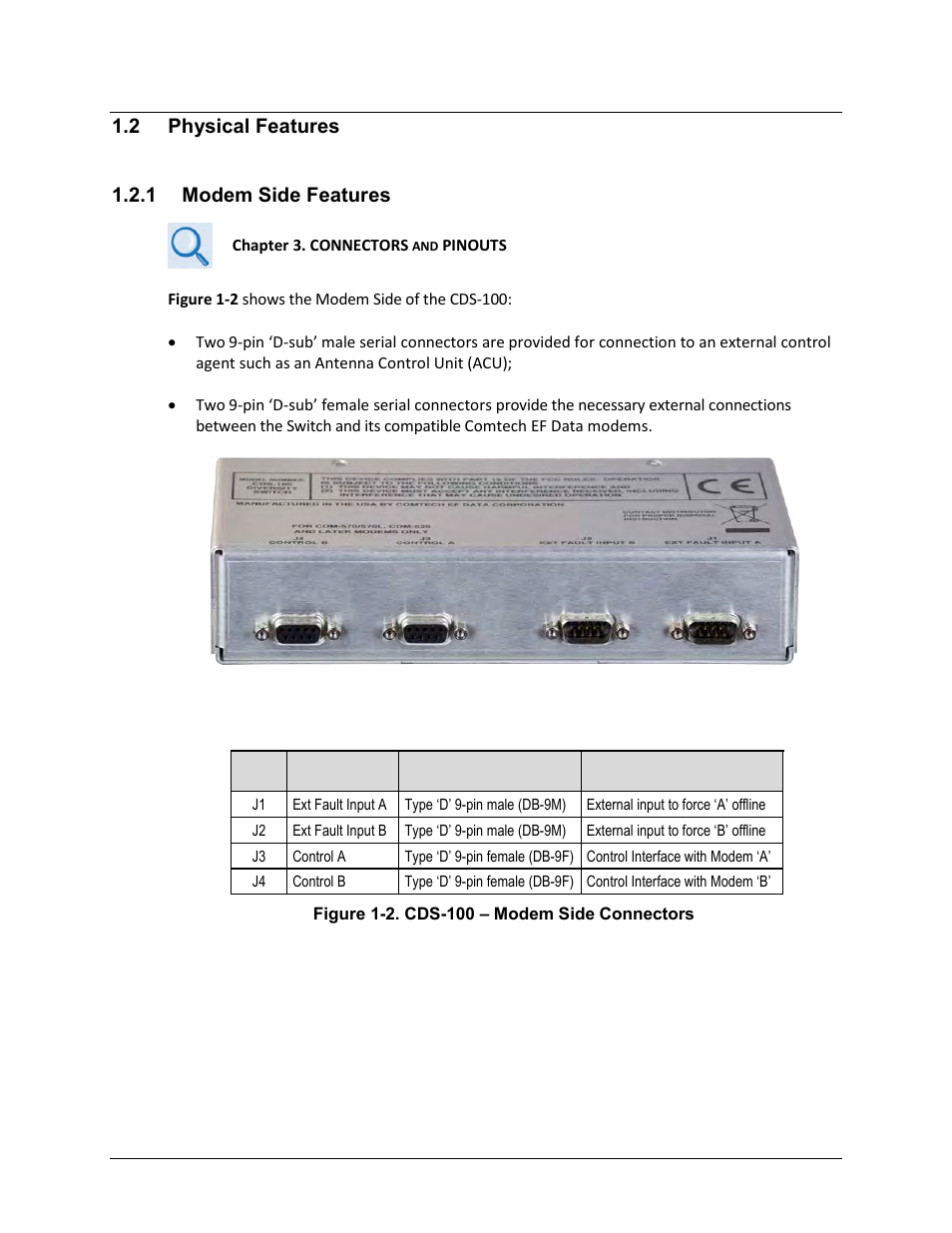 2 physical features, 1 modem side features, 2 physical features 1.2.1 modem side features | Comtech EF Data CDS-100 User Manual | Page 23 / 138