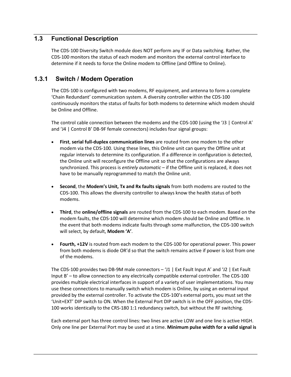3 functional description, 1 switch / modem operation | Comtech EF Data CDS-100 User Manual | Page 25 / 138