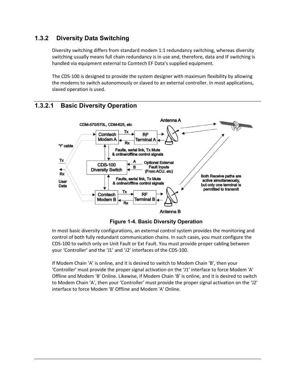 2 diversity data switching, 1 basic diversity operation | Comtech EF Data CDS-100 User Manual | Page 27 / 138