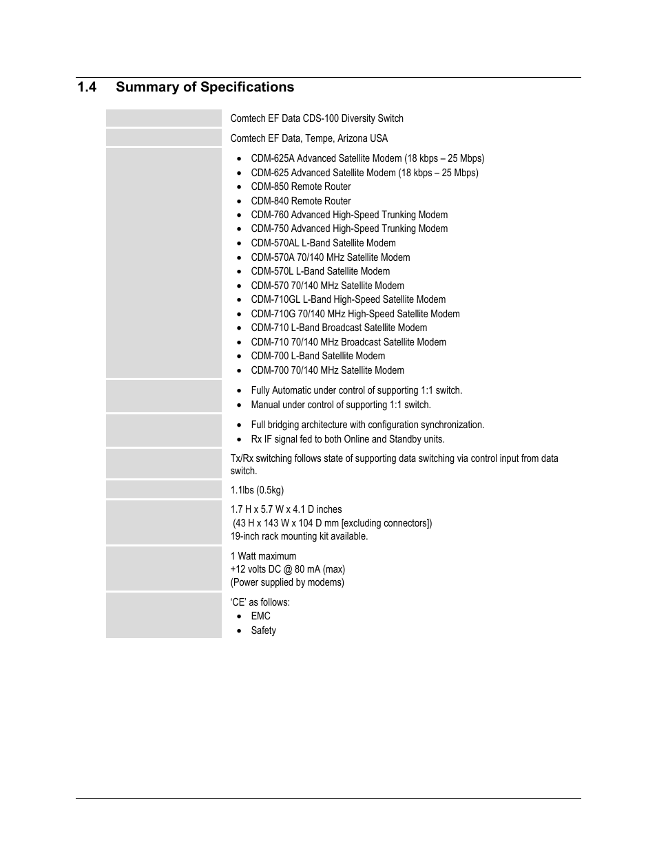 4 summary of specifications | Comtech EF Data CDS-100 User Manual | Page 29 / 138