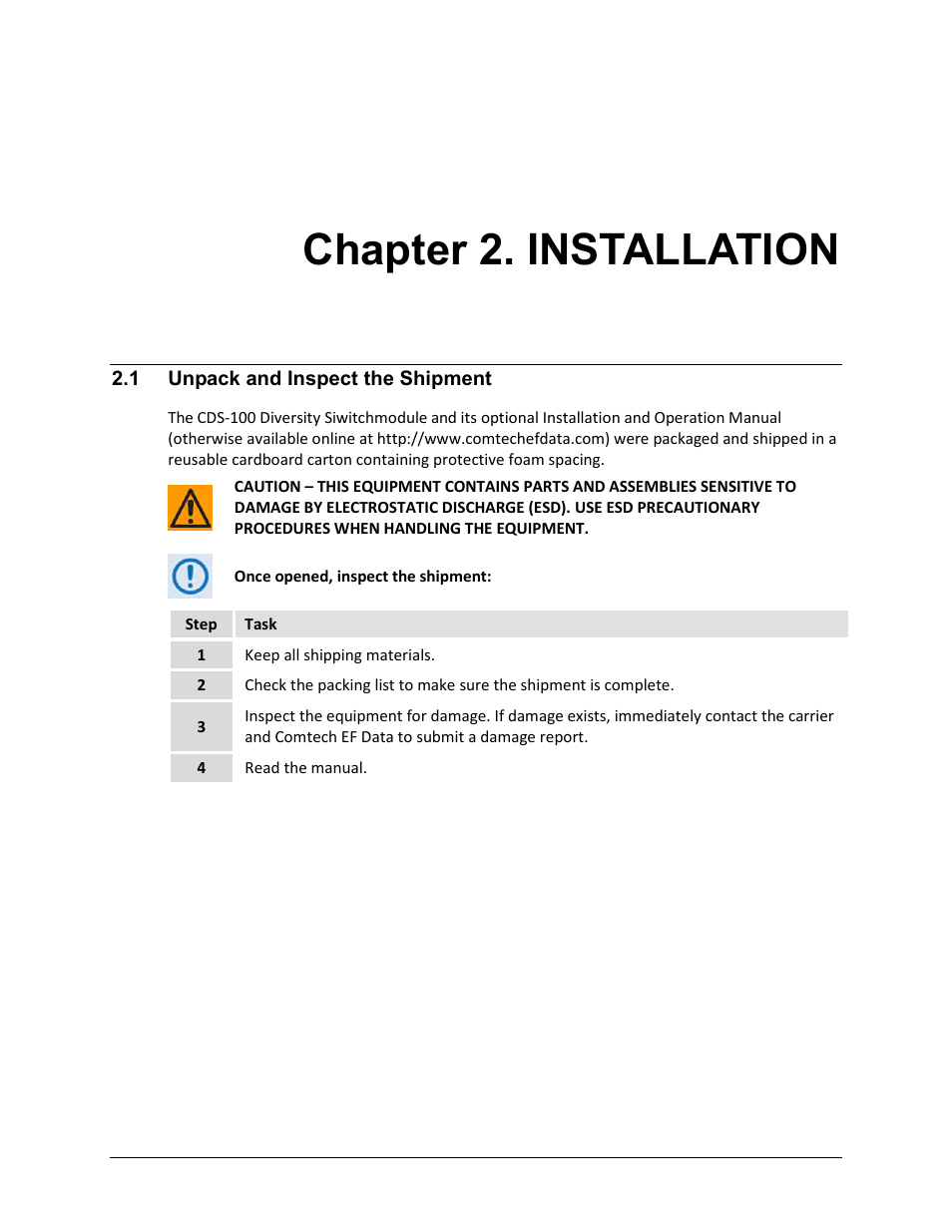 Chapter 2. installation, 1 unpack and inspect the shipment | Comtech EF Data CDS-100 User Manual | Page 31 / 138