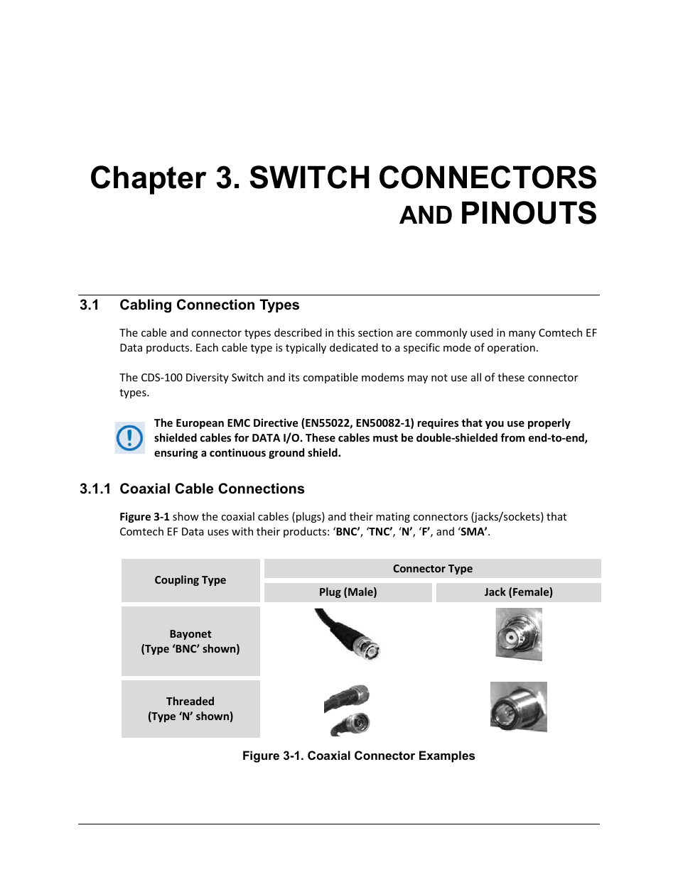 Chapter 3. switch connectors and pinouts, 1 cabling connection types, 1 coaxial cable connections | Chapter 3. switch, Connectors, Pinouts | Comtech EF Data CDS-100 User Manual | Page 33 / 138