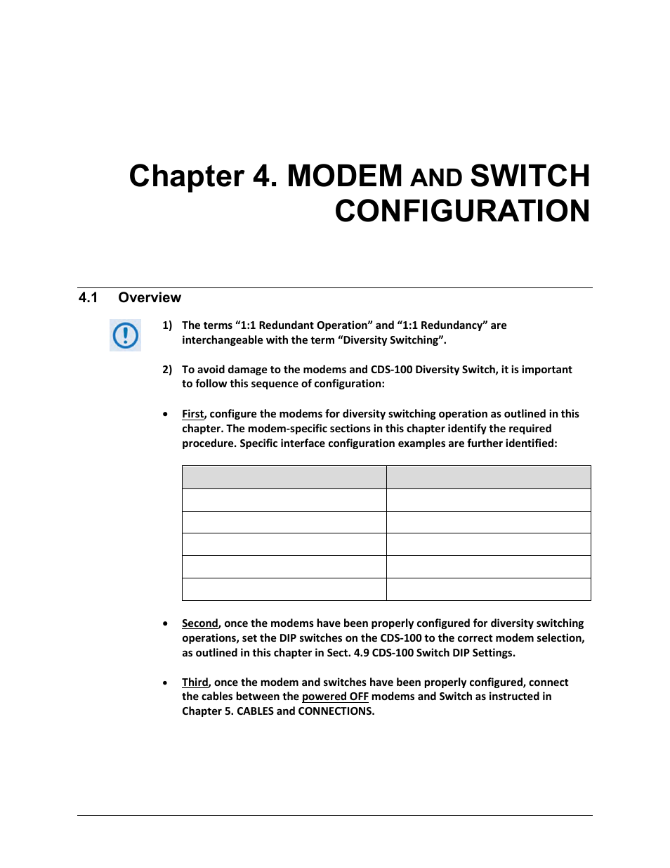 Chapter 4. modem and switch configuration, 1 overview, Chapter 4. modem | Switch, Configuration | Comtech EF Data CDS-100 User Manual | Page 41 / 138