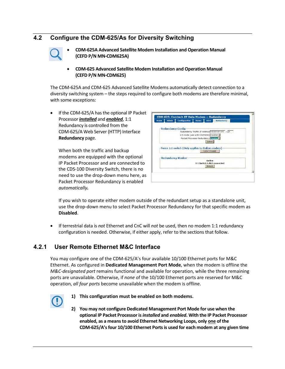 2 configure the cdm-625/as for diversity switching, 1 user remote ethernet m&c interface | Comtech EF Data CDS-100 User Manual | Page 43 / 138