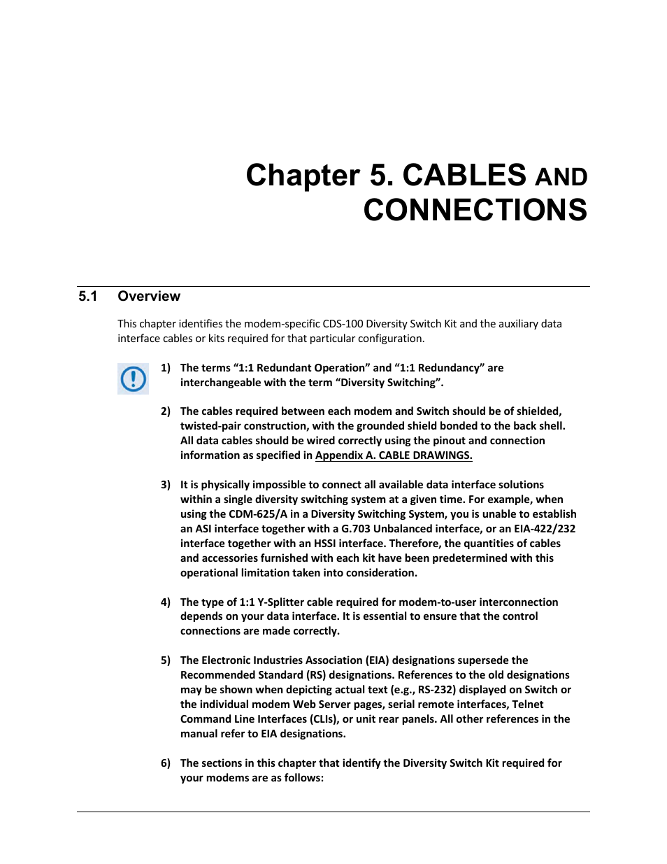 Chapter 5. cables and connections, 1 overview, Chapter 5. cables | Connections | Comtech EF Data CDS-100 User Manual | Page 57 / 138