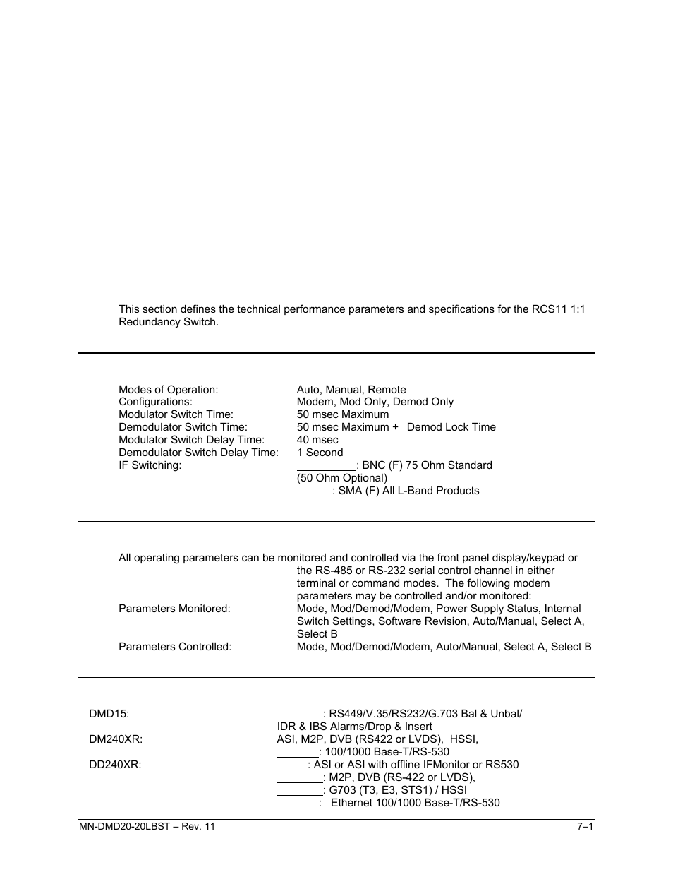 Ch07_technical_specifications, Chapter 7. technical specifications, 1 introduction | 2 general, 3 monitor and control, 4 terrestrial interfaces | Comtech EF Data RCS11 User Manual | Page 87 / 110