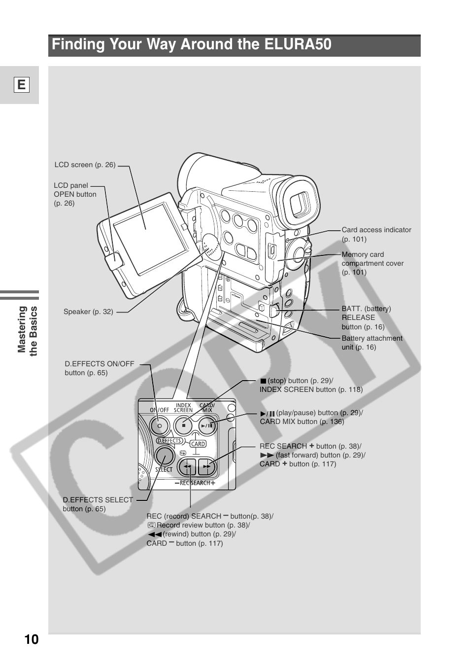 Finding your way around the elura50, 10 e, Mastering the basics | Canon ELURA 50 User Manual | Page 10 / 174