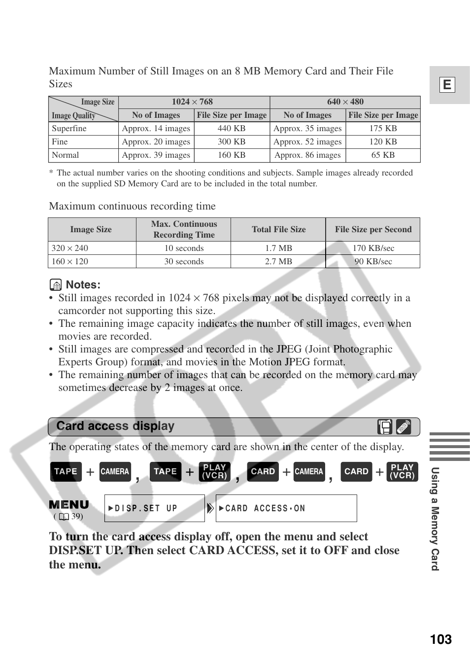 103 e, Card access display | Canon ELURA 50 User Manual | Page 103 / 174