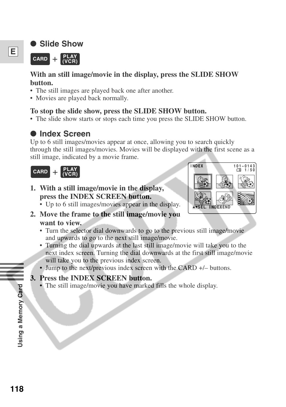 118 e, Slide show, Index screen | Canon ELURA 50 User Manual | Page 118 / 174