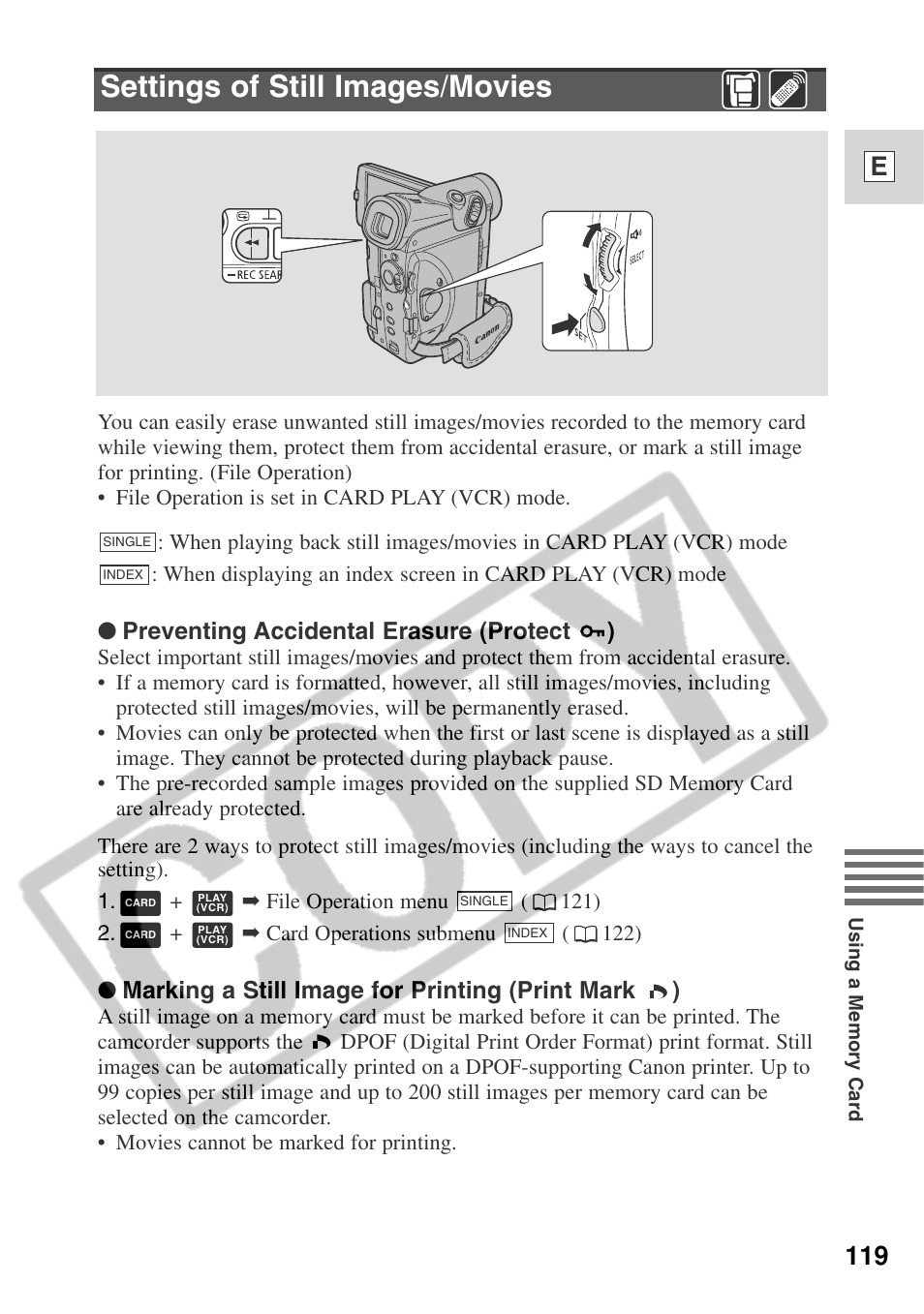 Settings of still images/movies, 119 e, Preventing accidental erasure (protect ) | Marking a still image for printing (print mark ) | Canon ELURA 50 User Manual | Page 119 / 174