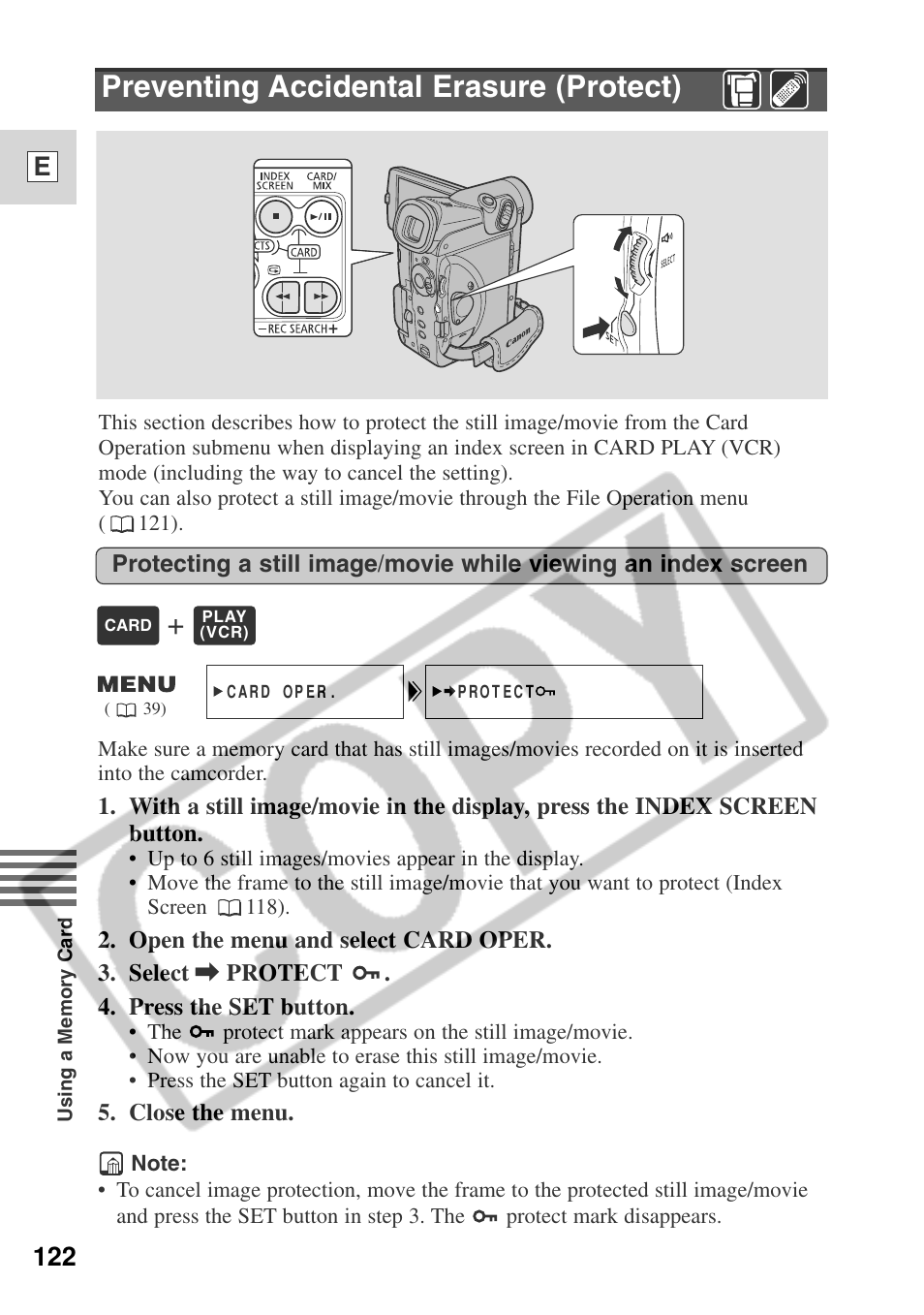 Preventing accidental erasure (protect), 122 e | Canon ELURA 50 User Manual | Page 122 / 174