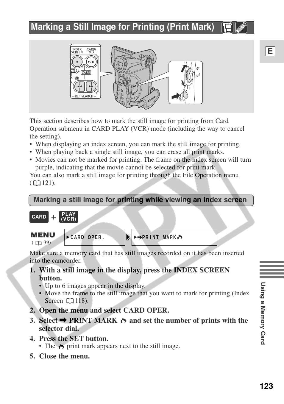 Marking a still image for printing (print mark), 123 e | Canon ELURA 50 User Manual | Page 123 / 174