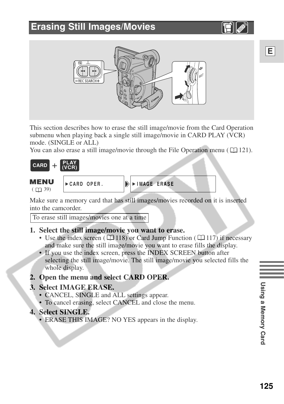 Erasing still images/movies, 125 e | Canon ELURA 50 User Manual | Page 125 / 174