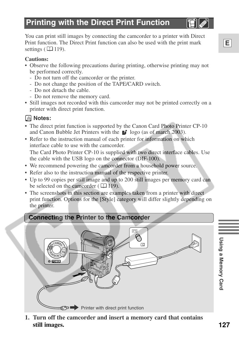 Printing with the direct print function, 127 e | Canon ELURA 50 User Manual | Page 127 / 174