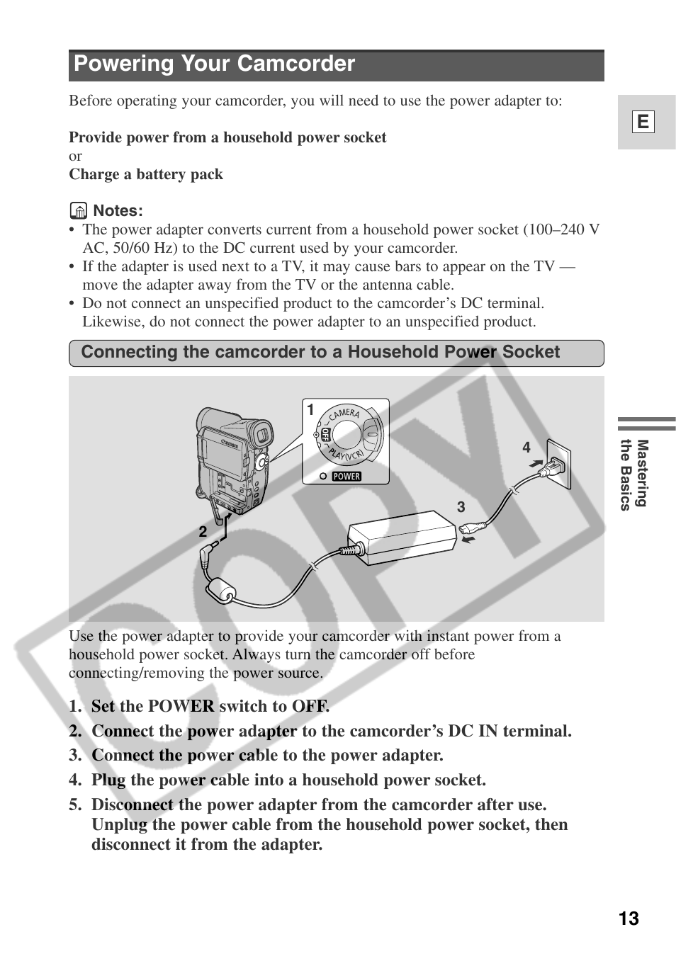 Powering your camcorder, 13 e | Canon ELURA 50 User Manual | Page 13 / 174