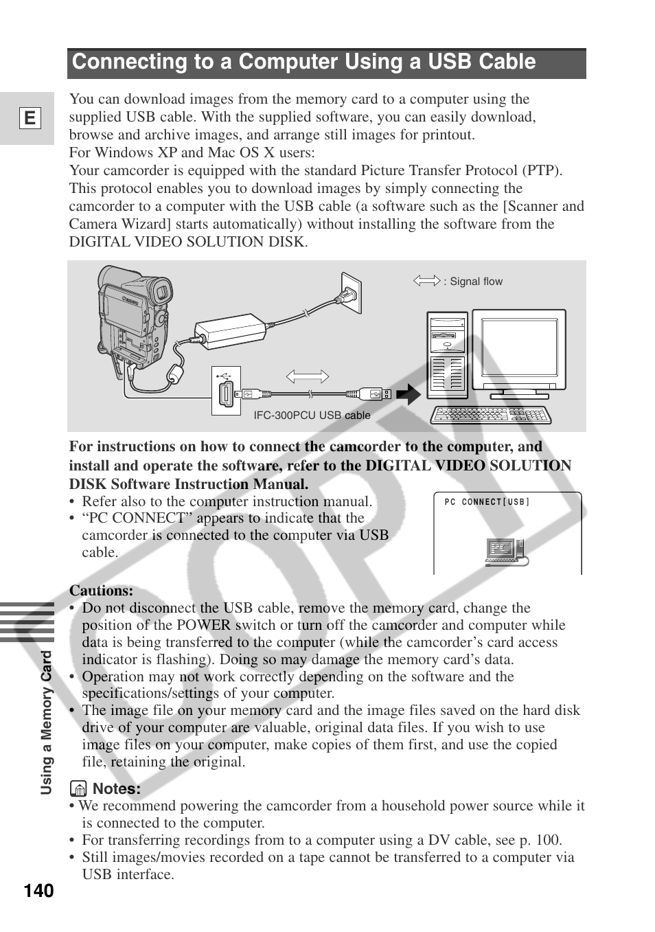 Connecting to a computer using a usb cable, 140 e | Canon ELURA 50 User Manual | Page 140 / 174