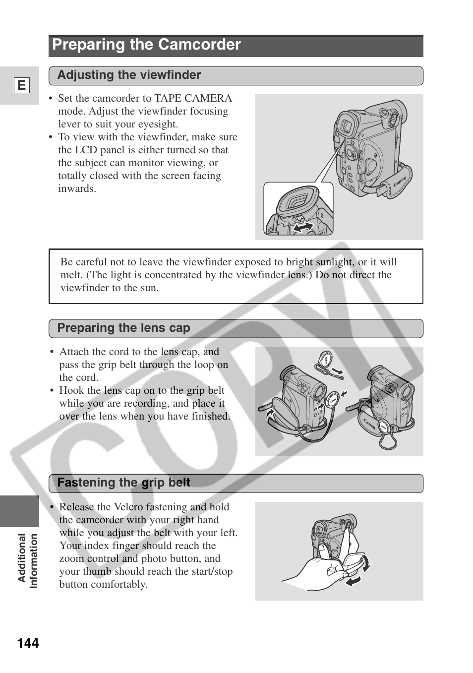 Preparing the camcorder, 144 e | Canon ELURA 50 User Manual | Page 144 / 174