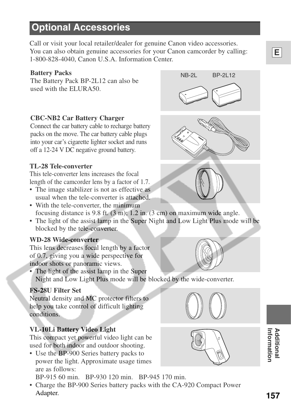 Optional accessories, 157 e | Canon ELURA 50 User Manual | Page 157 / 174