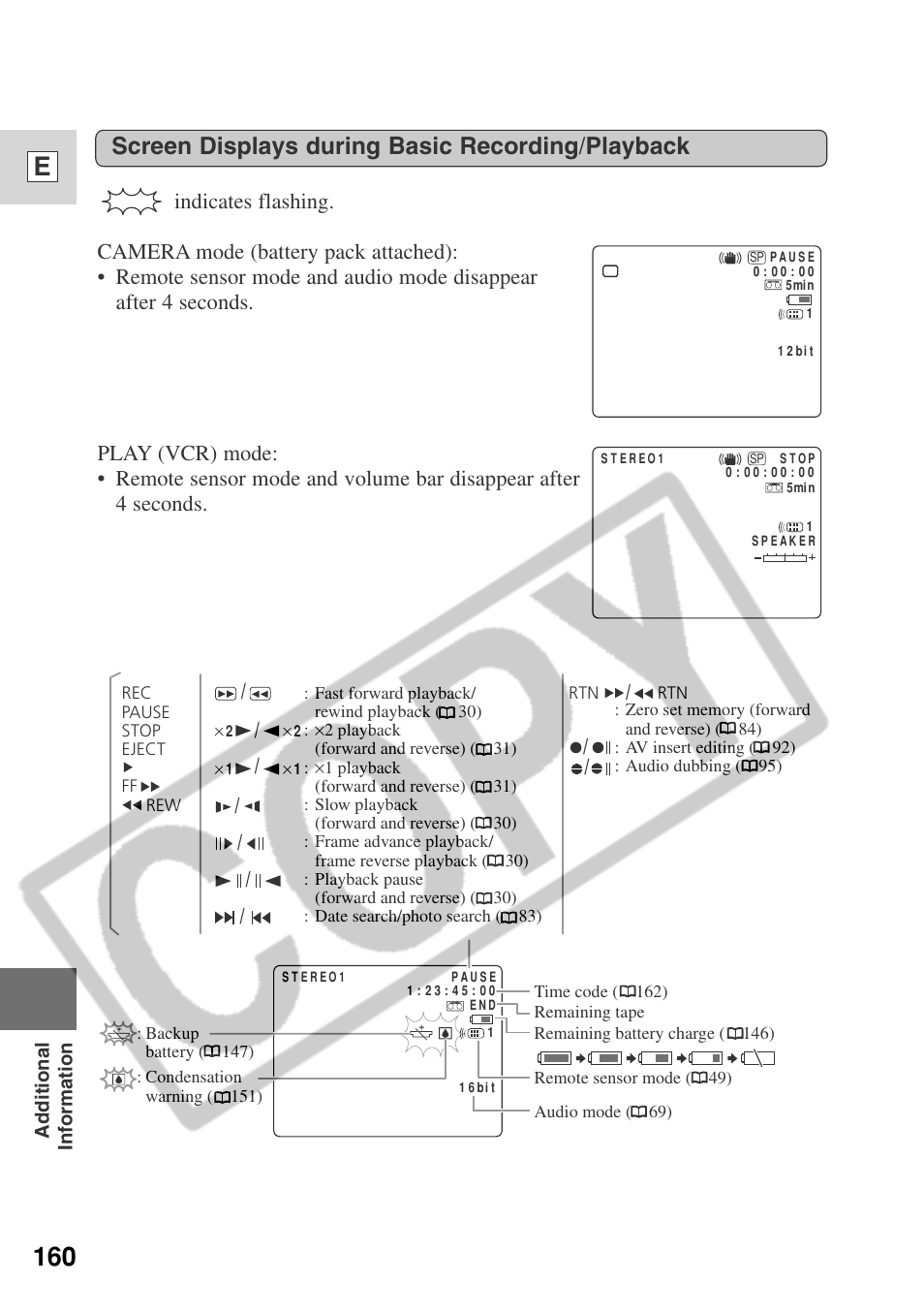 160 e, Screen displays during basic recording/playback | Canon ELURA 50 User Manual | Page 160 / 174