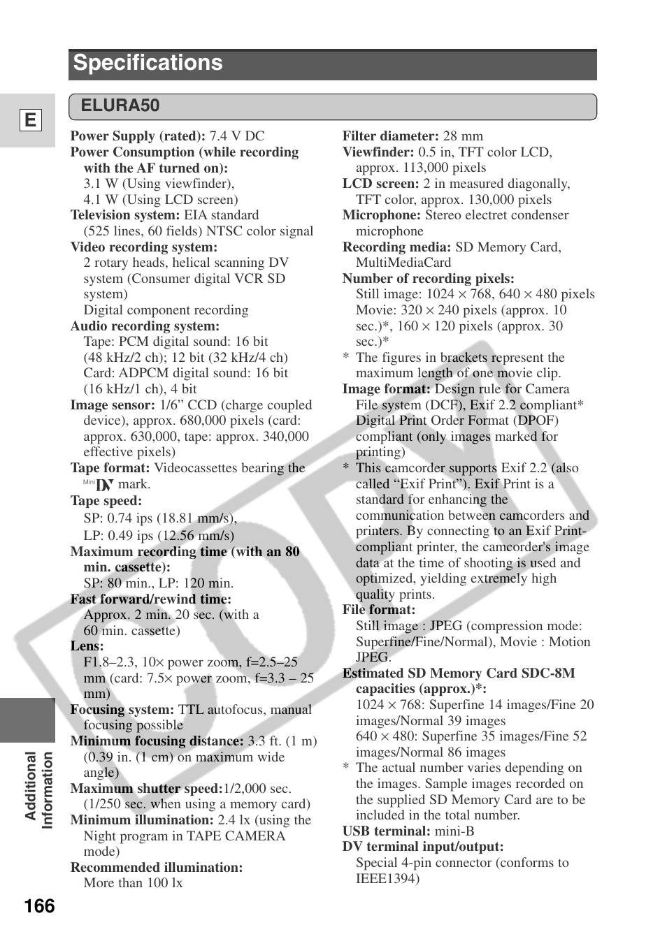 Specifications, 166 e, Elura50 | Canon ELURA 50 User Manual | Page 166 / 174