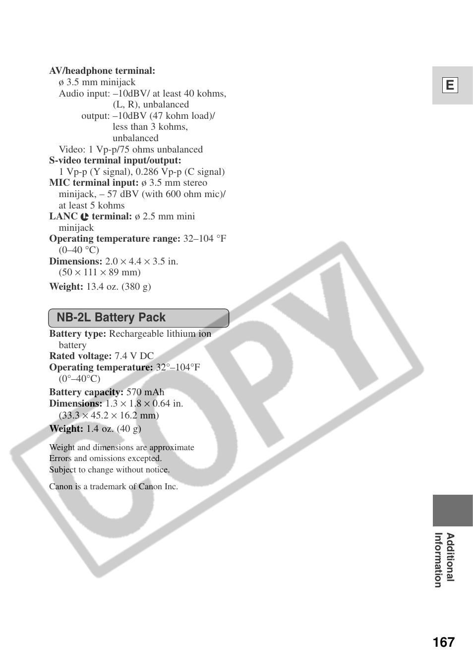 167 e, Nb-2l battery pack | Canon ELURA 50 User Manual | Page 167 / 174