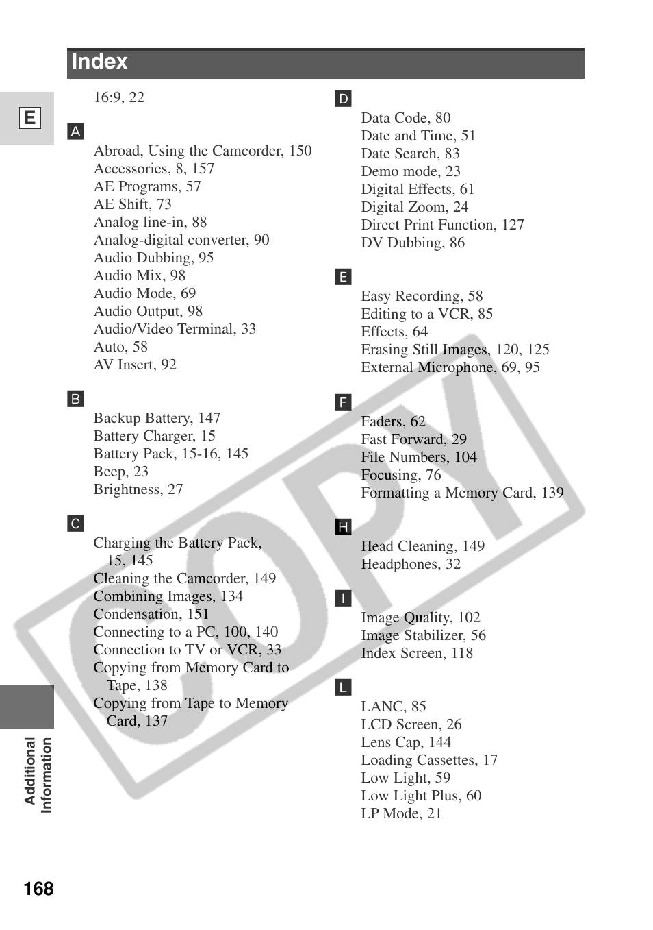 Index, 168 e | Canon ELURA 50 User Manual | Page 168 / 174