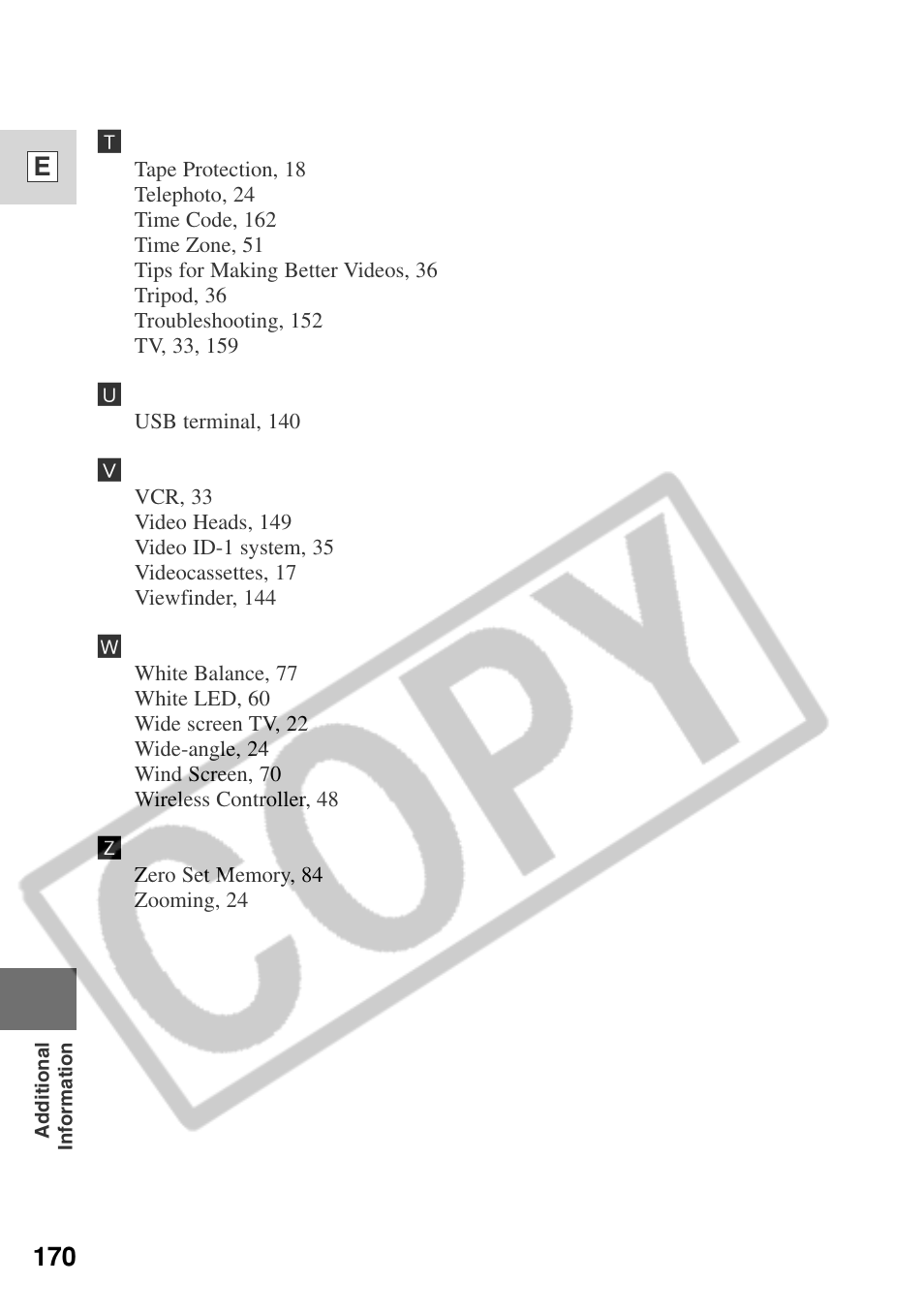 170 e | Canon ELURA 50 User Manual | Page 170 / 174