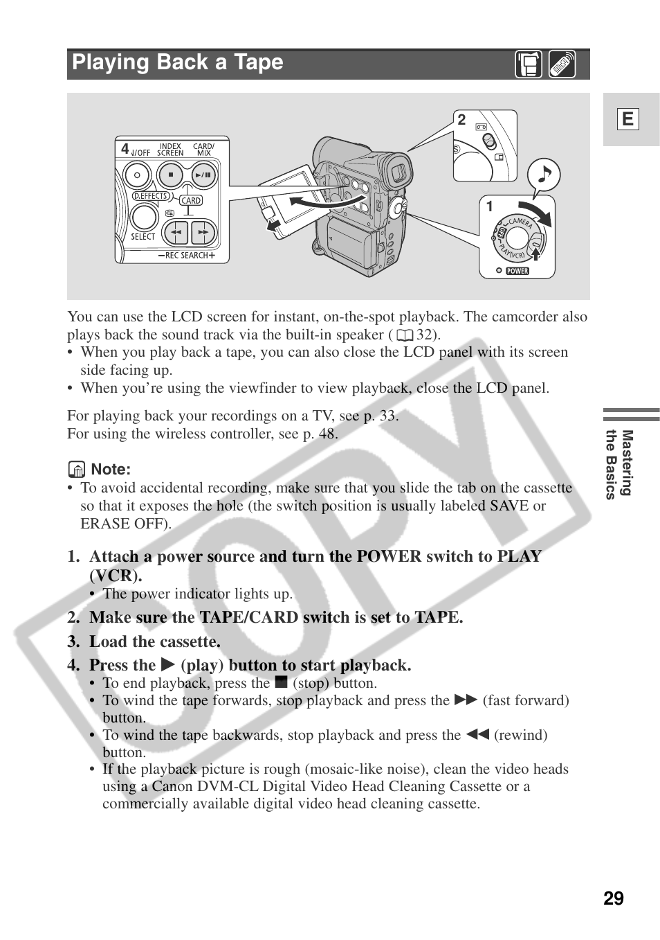 Playing back a tape, 29 e | Canon ELURA 50 User Manual | Page 29 / 174