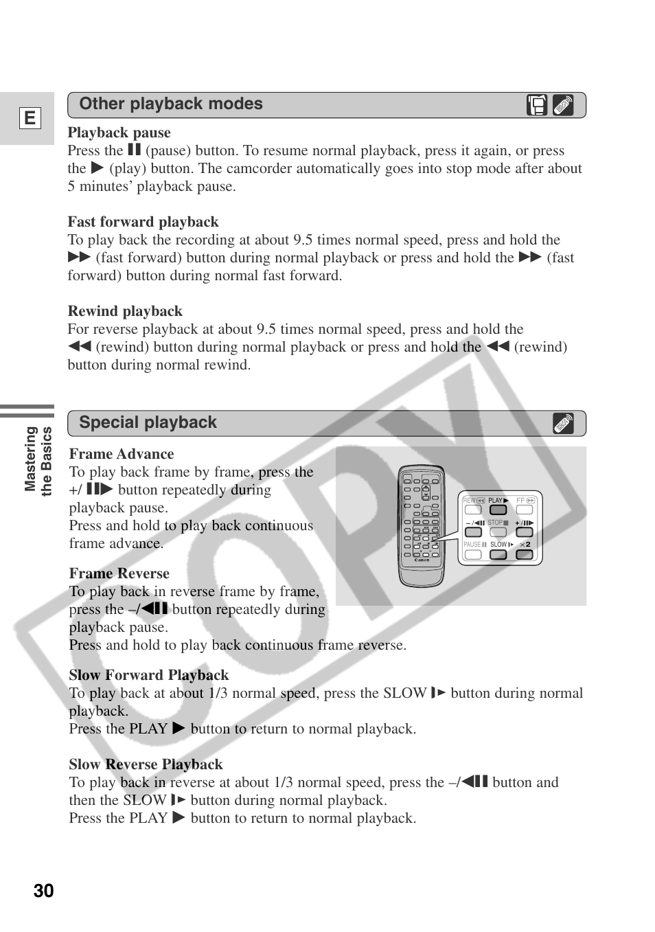 30 e, Special playback, Other playback modes | Canon ELURA 50 User Manual | Page 30 / 174