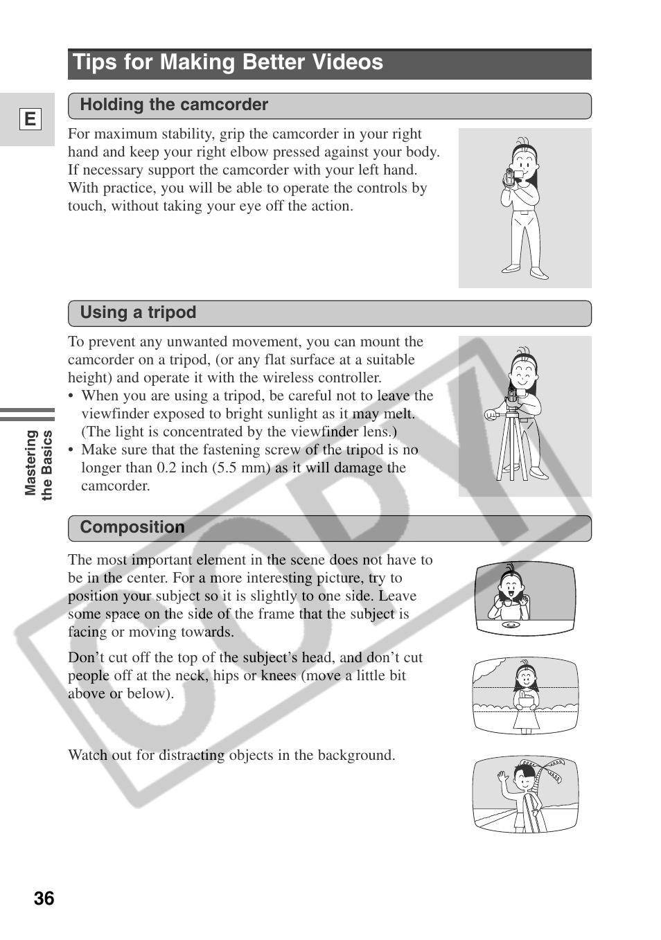 Tips for making better videos, 36 e | Canon ELURA 50 User Manual | Page 36 / 174