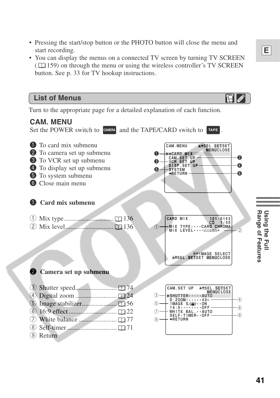 41 e, Cam. menu, List of menus | Canon ELURA 50 User Manual | Page 41 / 174