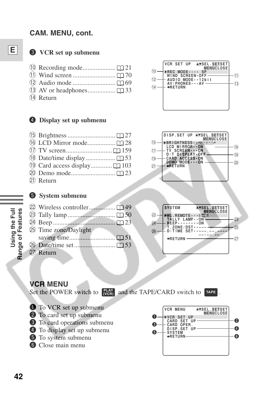 42 e, Vcr menu, Cam. menu, cont | Canon ELURA 50 User Manual | Page 42 / 174