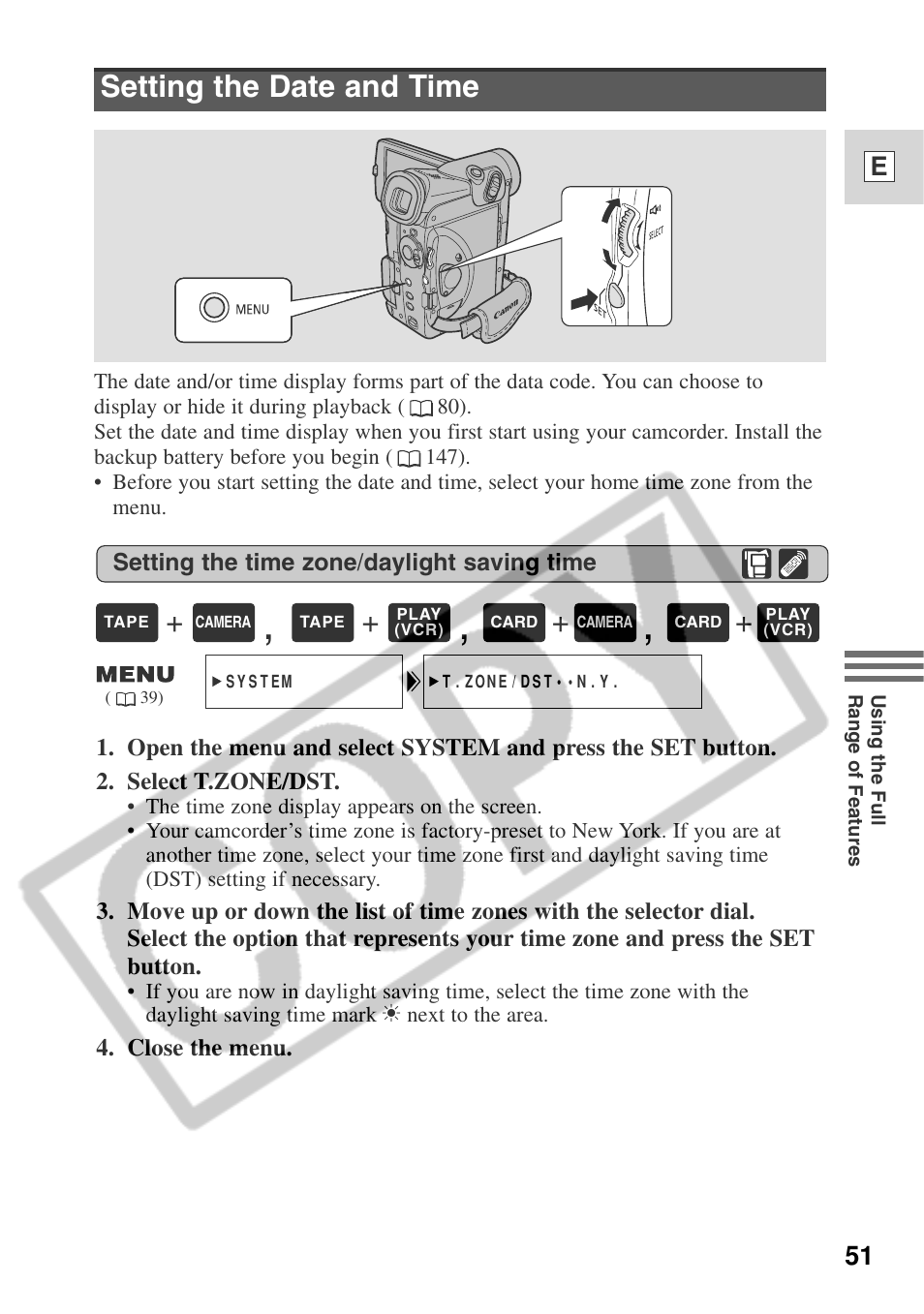 Setting the date and time, 51 e | Canon ELURA 50 User Manual | Page 51 / 174