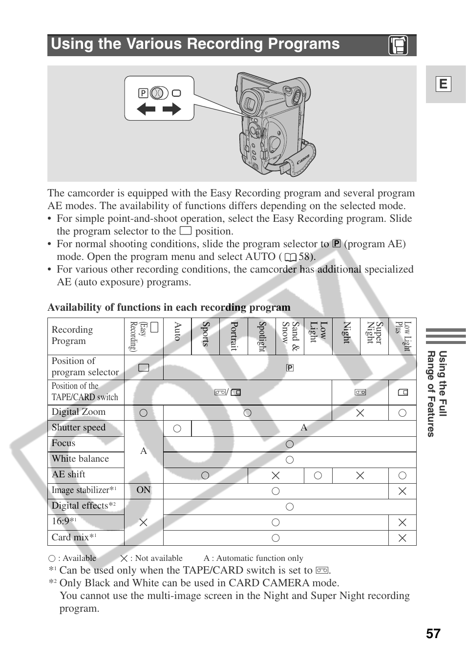 Using the various recording programs, 57 e | Canon ELURA 50 User Manual | Page 57 / 174