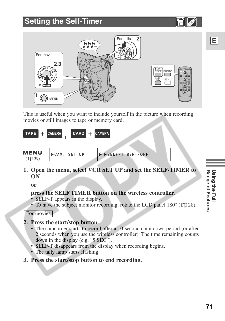 Setting the self-timer, 71 e | Canon ELURA 50 User Manual | Page 71 / 174