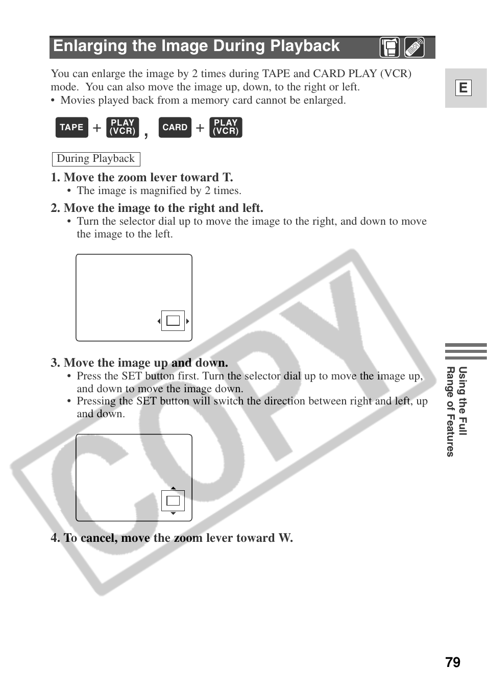 Enlarging the image during playback, 79 e | Canon ELURA 50 User Manual | Page 79 / 174