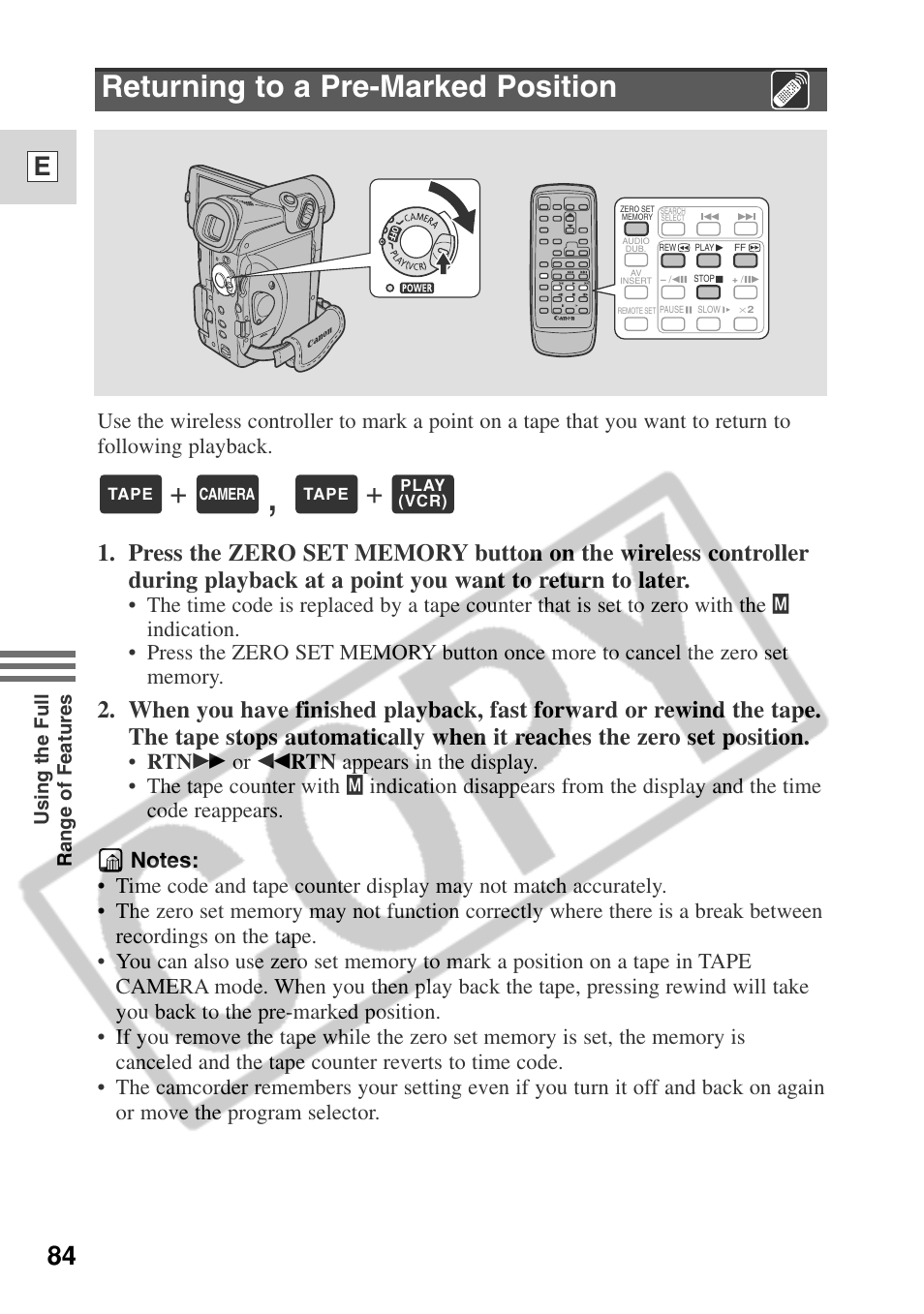 Returning to a pre-marked position, 84 e | Canon ELURA 50 User Manual | Page 84 / 174