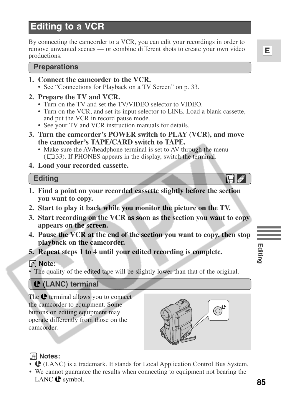 Editing to a vcr, 85 e | Canon ELURA 50 User Manual | Page 85 / 174