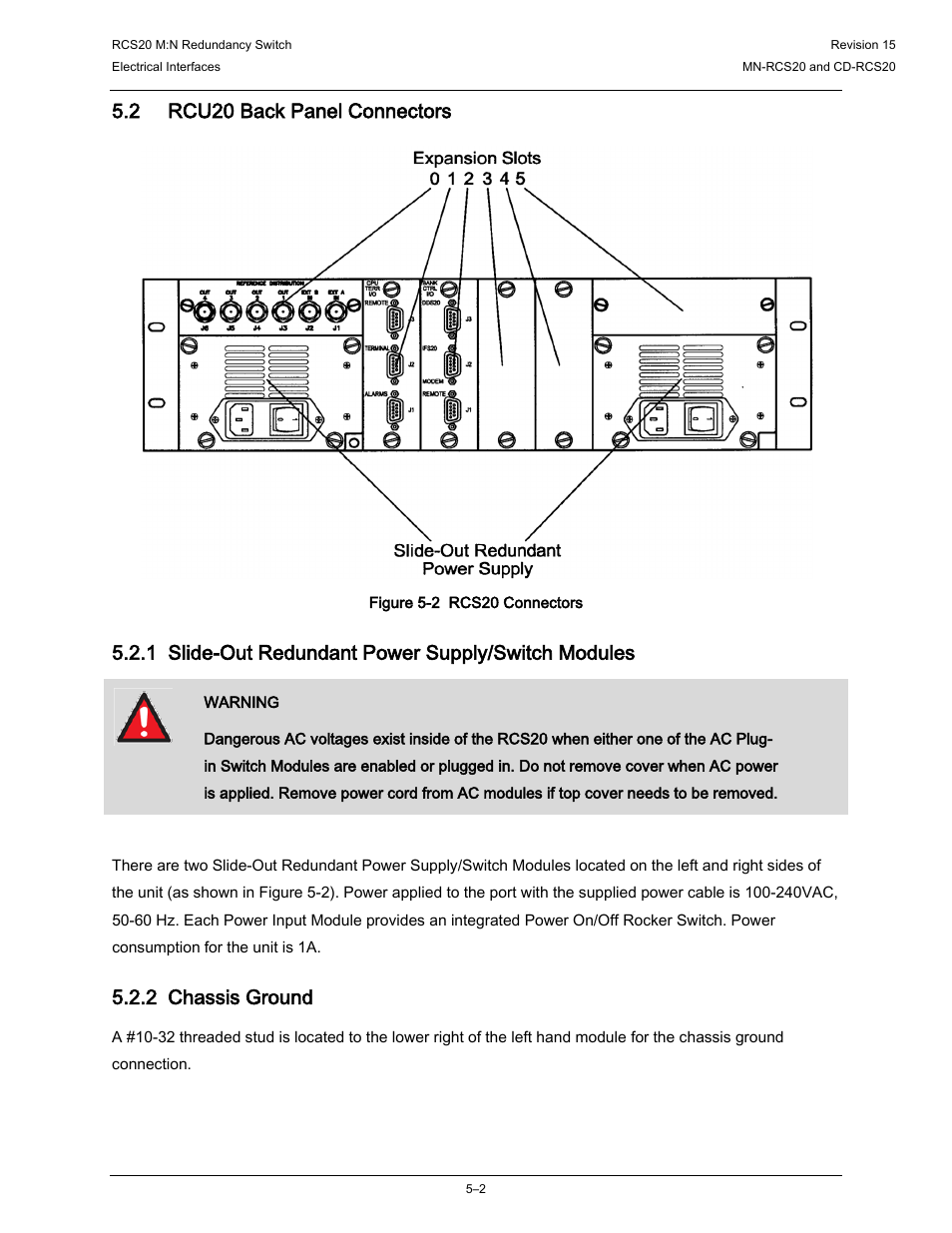 2 rcu20 back panel connectors, 1 slide-out redundant power supply/switch modules, 2 chassis ground | Comtech EF Data RCS20 User Manual | Page 102 / 202