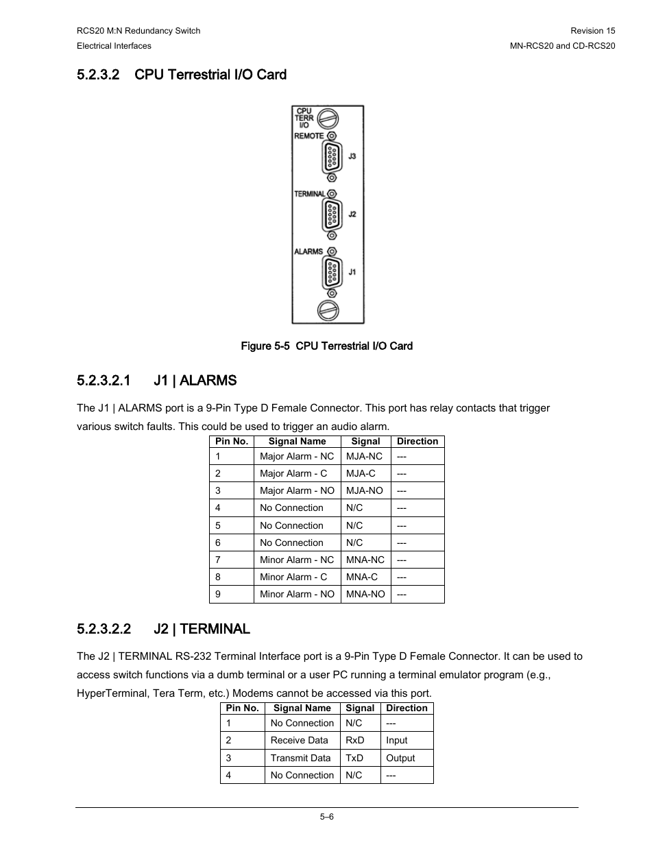 2 cpu terrestrial i/o card, 1 j1 | alarms, 2 j2 | terminal | Comtech EF Data RCS20 User Manual | Page 106 / 202