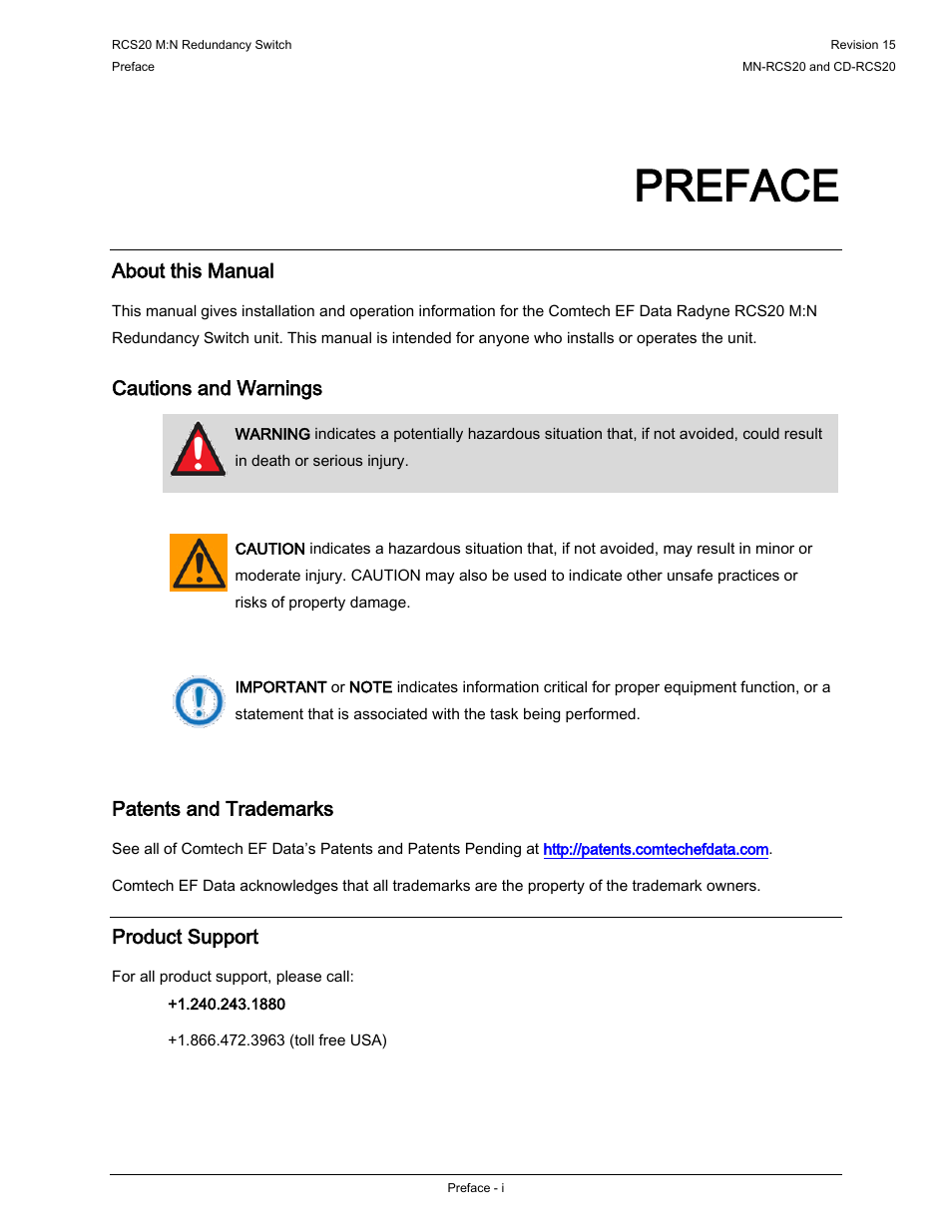 Preface, About this manual, Cautions and warnings | Patents and trademarks, Product support | Comtech EF Data RCS20 User Manual | Page 11 / 202