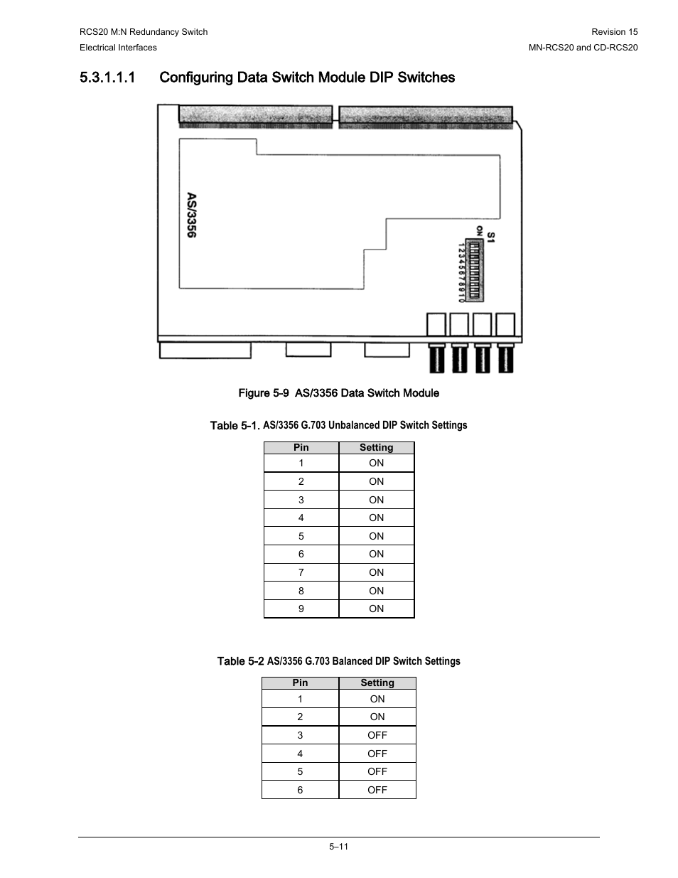 Figure 5-9), Table 5-1, 1 configuring data switch module dip switches | Comtech EF Data RCS20 User Manual | Page 111 / 202