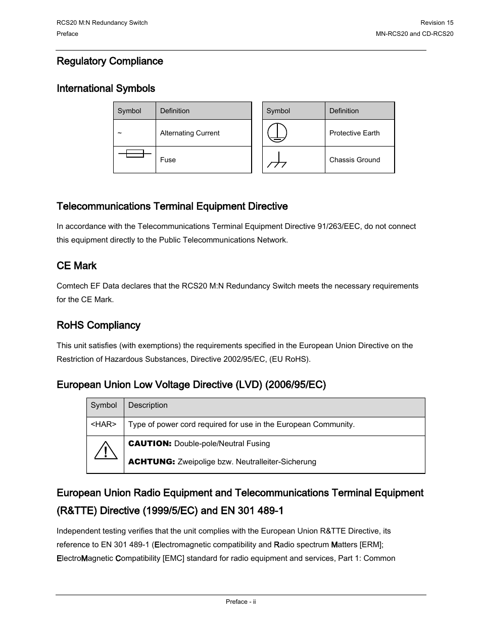 Regulatory compliance, International symbols, Telecommunications terminal equipment directive | Ce mark, Rohs compliancy, Regulatory compliance international symbols | Comtech EF Data RCS20 User Manual | Page 12 / 202