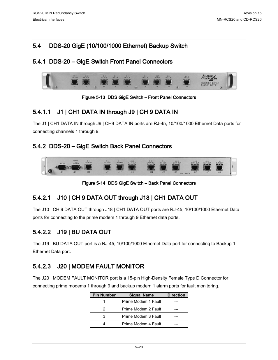 4 dds-20 gige (10/100/1000 ethernet) backup switch, 1 dds-20 – gige switch front panel connectors, 2 dds-20 – gige switch back panel connectors | 2 j19 | bu data out, 3 j20 | modem fault monitor | Comtech EF Data RCS20 User Manual | Page 123 / 202