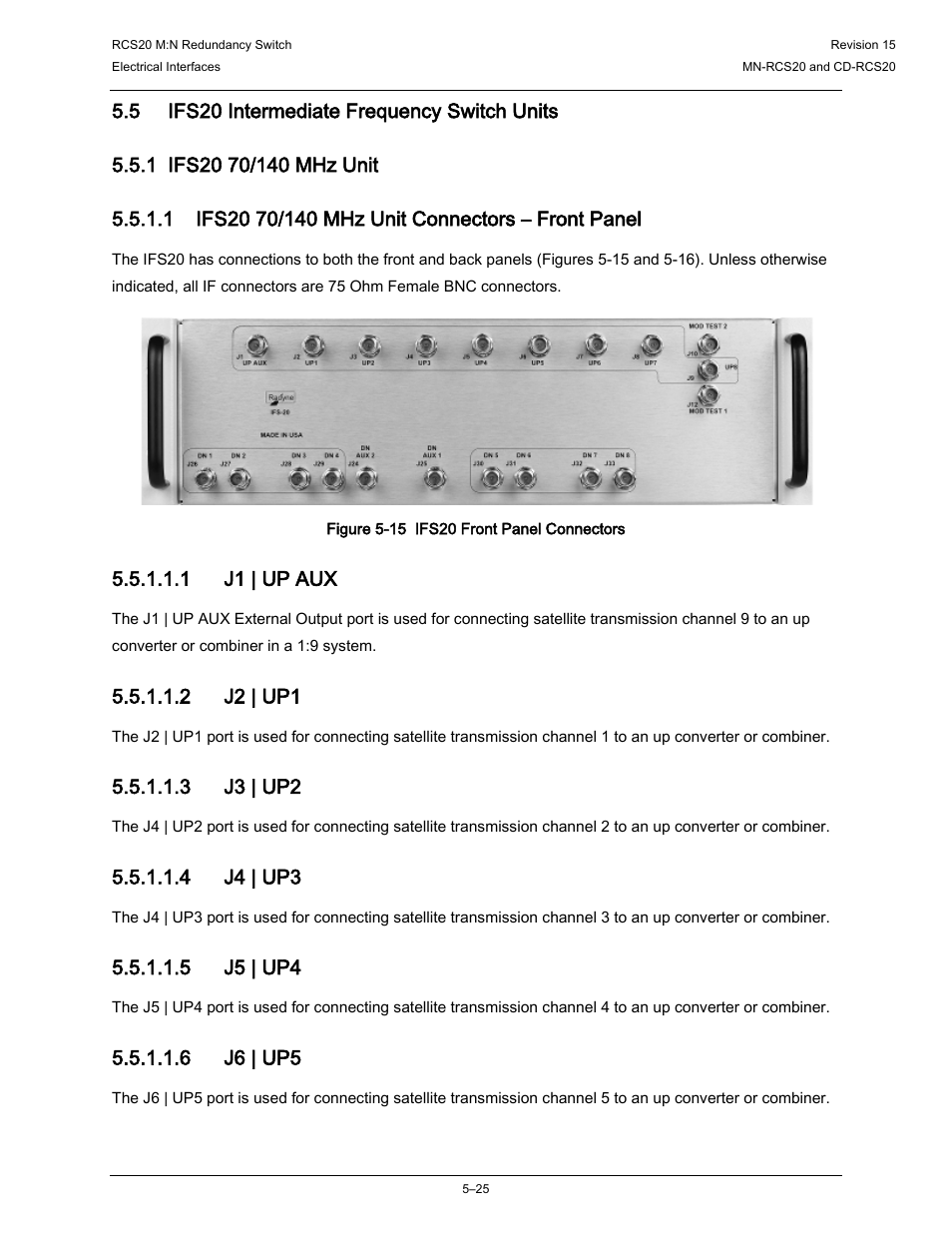 5 ifs20 intermediate frequency switch units, 1 ifs20 70/140 mhz unit, 1 j1 | up aux | 2 j2 | up1, 3 j3 | up2, 4 j4 | up3, 5 j5 | up4, 6 j6 | up5 | Comtech EF Data RCS20 User Manual | Page 125 / 202