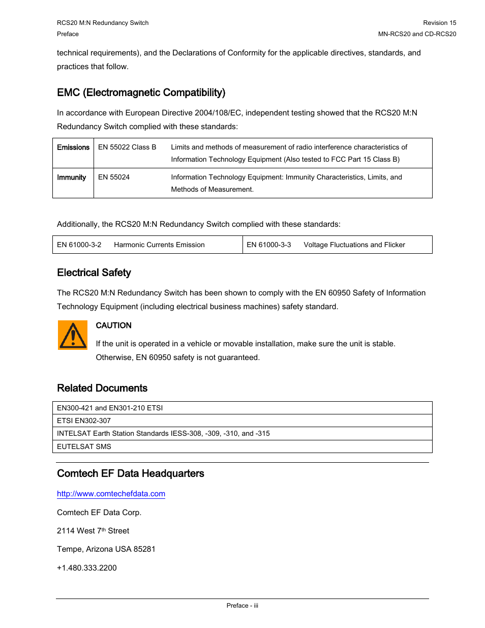 Emc (electromagnetic compatibility), Electrical safety, Related documents | Comtech ef data headquarters | Comtech EF Data RCS20 User Manual | Page 13 / 202