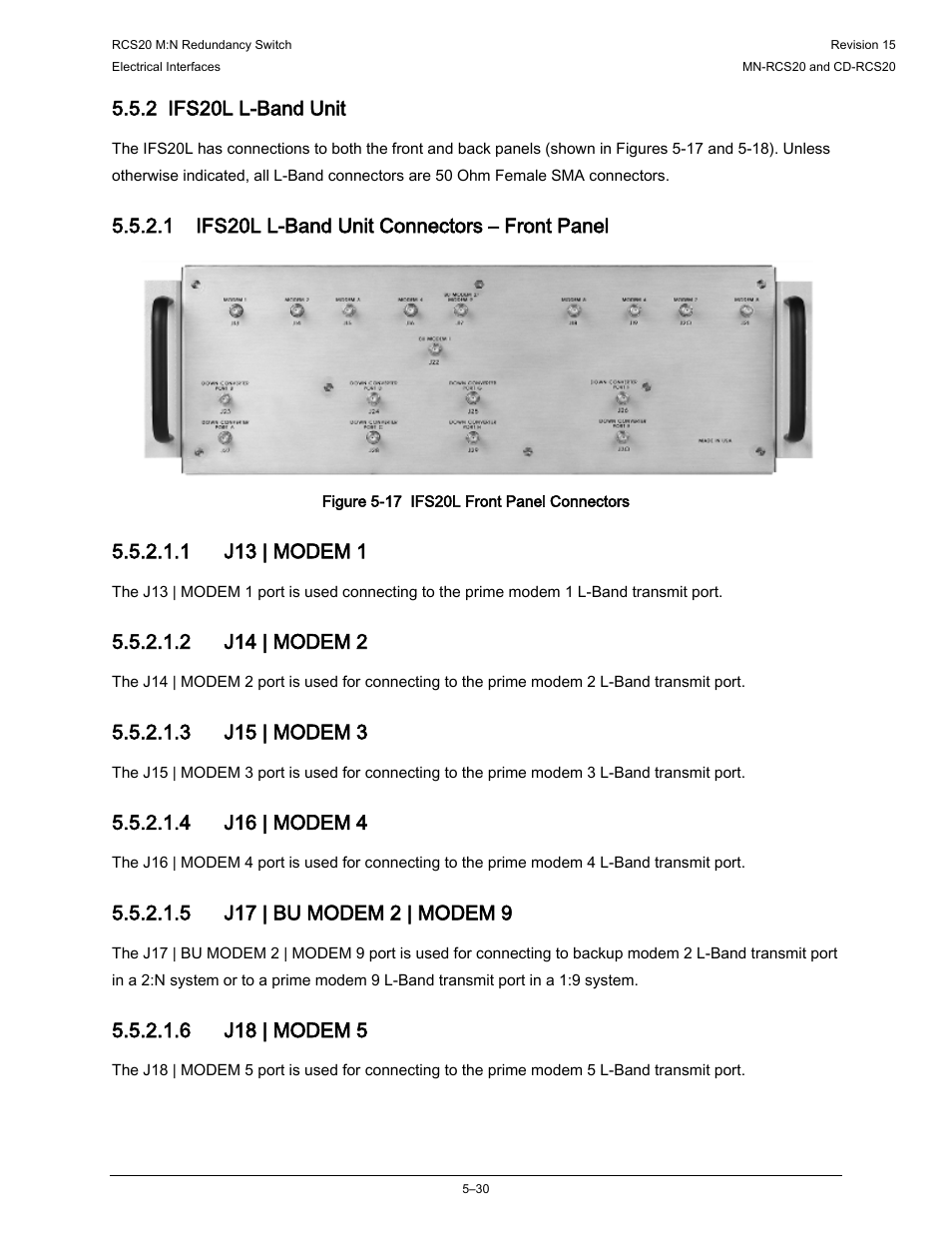 2 ifs20l l-band unit, 1 ifs20l l-band unit connectors – front panel, 1 j13 | modem 1 | 2 j14 | modem 2, 3 j15 | modem 3, 4 j16 | modem 4, 6 j18 | modem 5 | Comtech EF Data RCS20 User Manual | Page 130 / 202